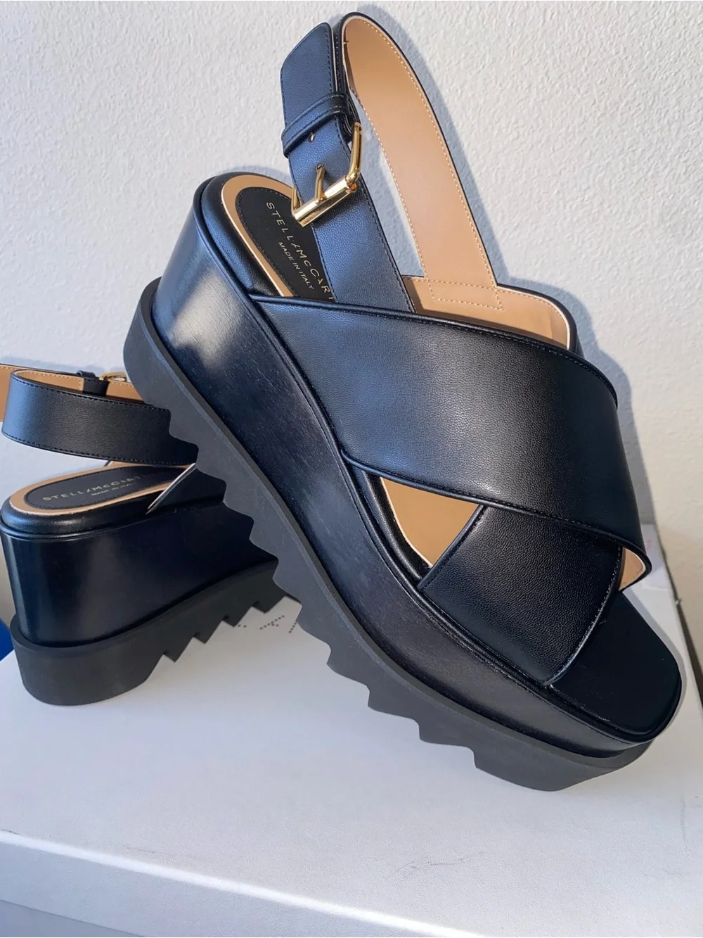 Stella McCartney “ELYSE” Black Crisscross Platform Slingback Sandals Sz 8.5